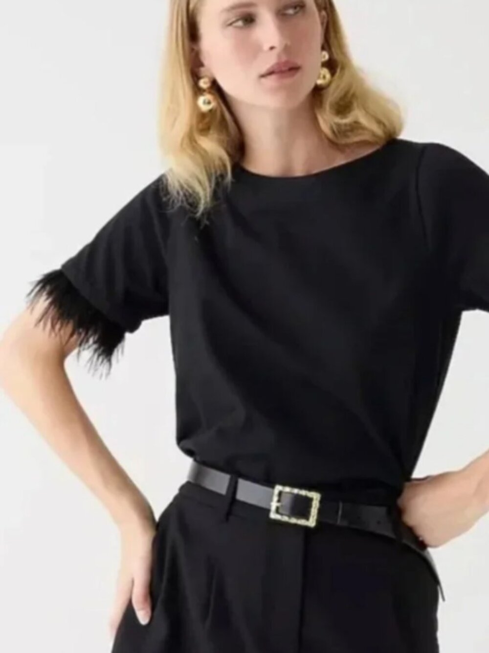 J.Crew Mariner Cropped Boatneck Tee Removable Feather Trim Black XXS